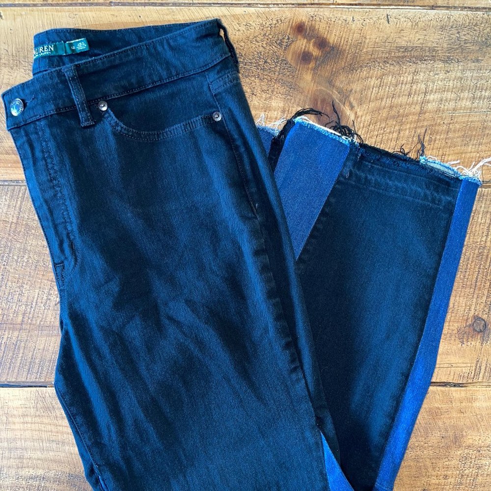Women's Lauren‎ Ralph Lauren Black Cropped Denim with Blue Trim Raw Hem 12